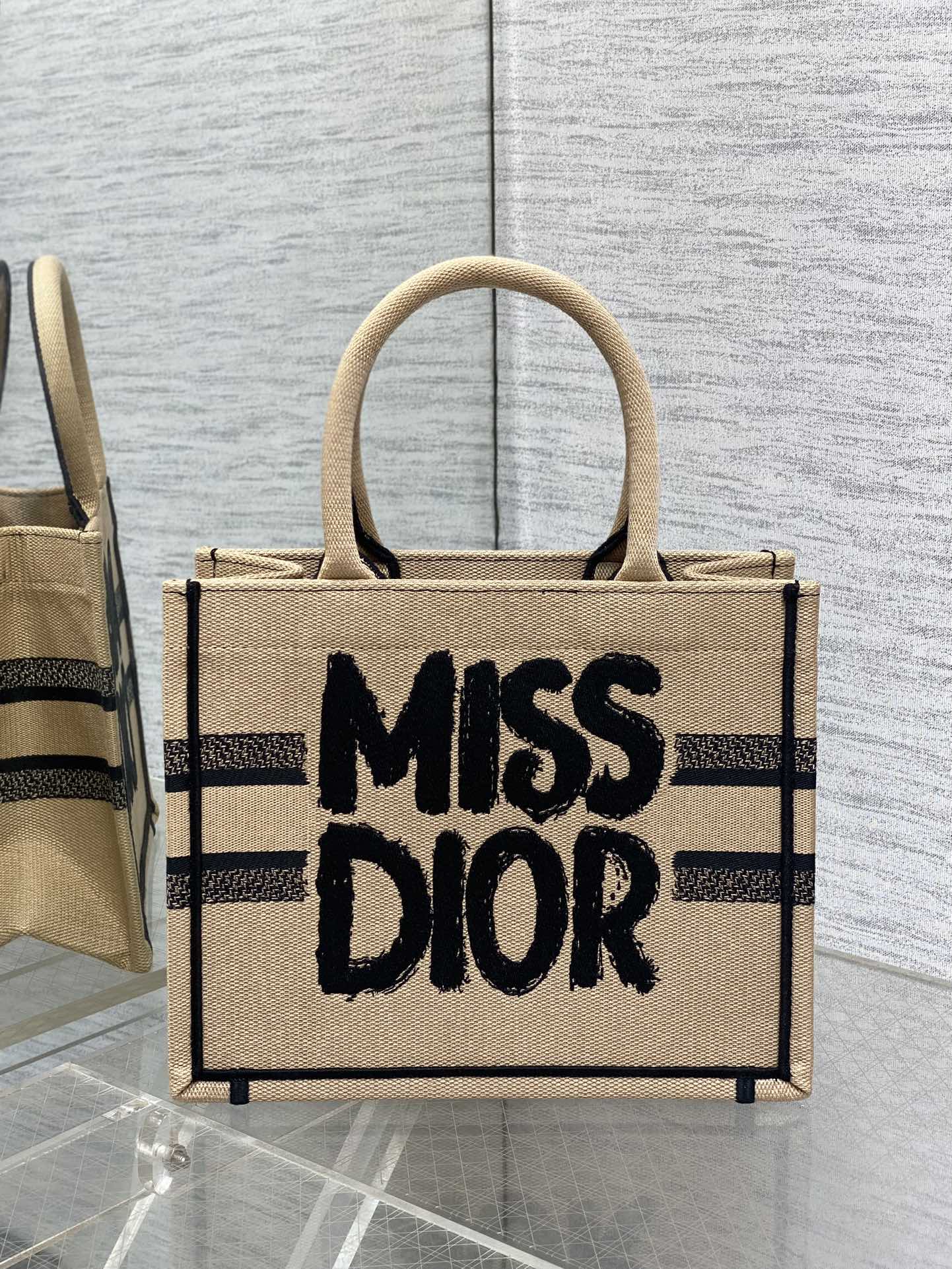 Small Dior Book Tote Bag Beige and Black Miss Dior Graffiti Embroidery